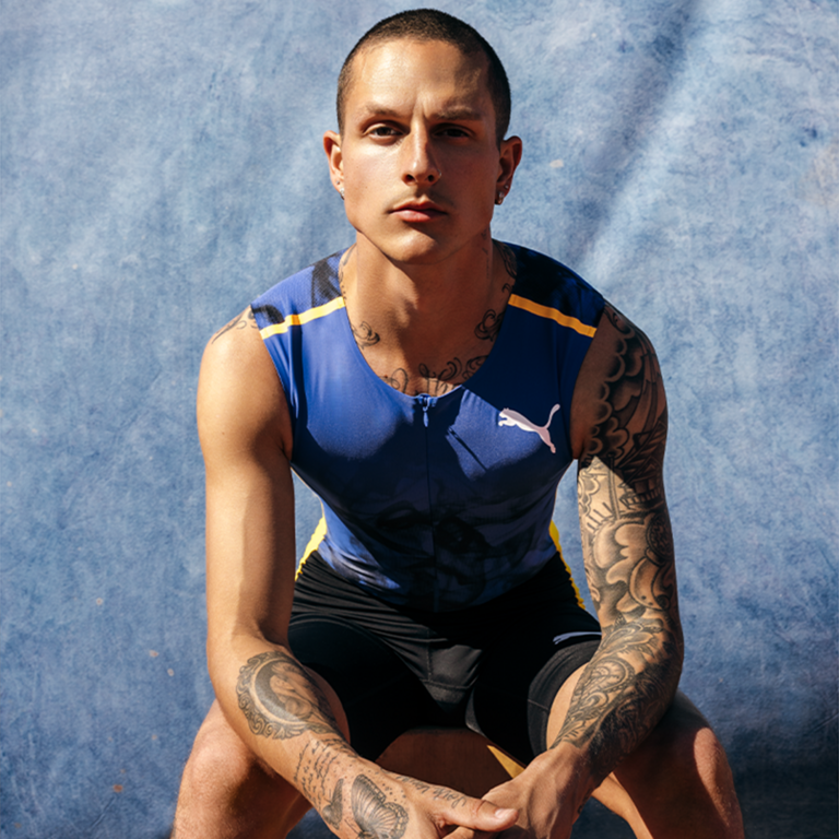 athlete looking determined into the camera